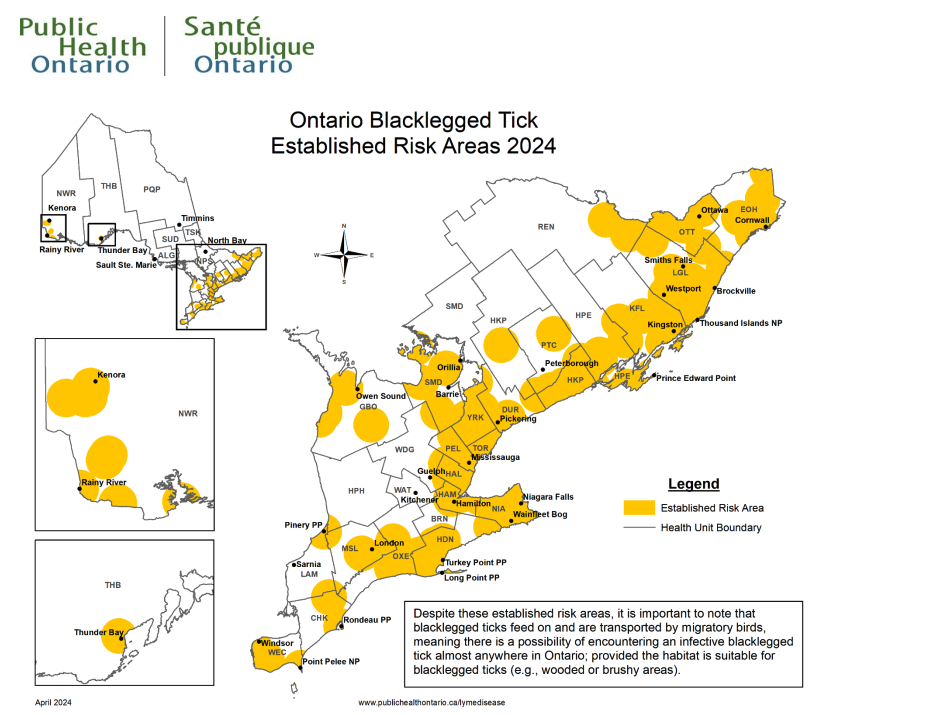 Map of "Ontario Blacklegged tick established risk areas"