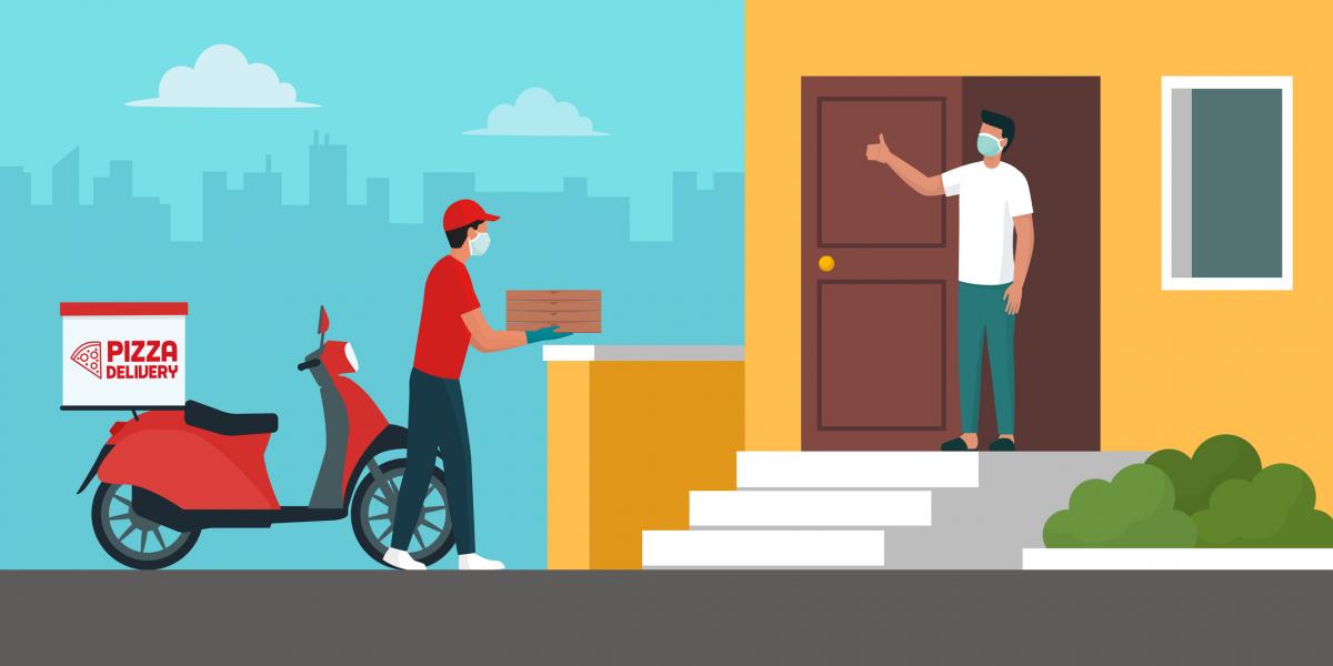 illustration of a pizza delivery person delivering pizza to a man at home. Both are wearing masks