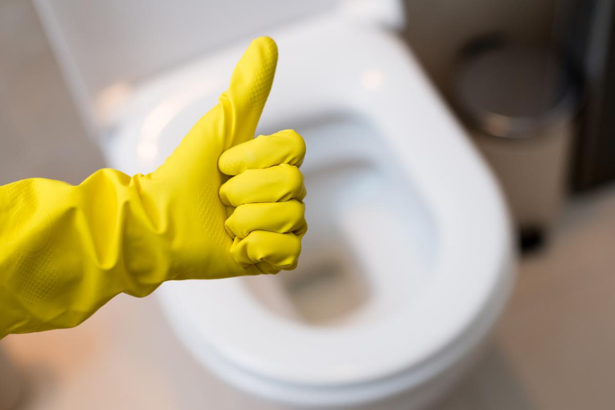 Thumbs up hand with rubber glove over clean toilet