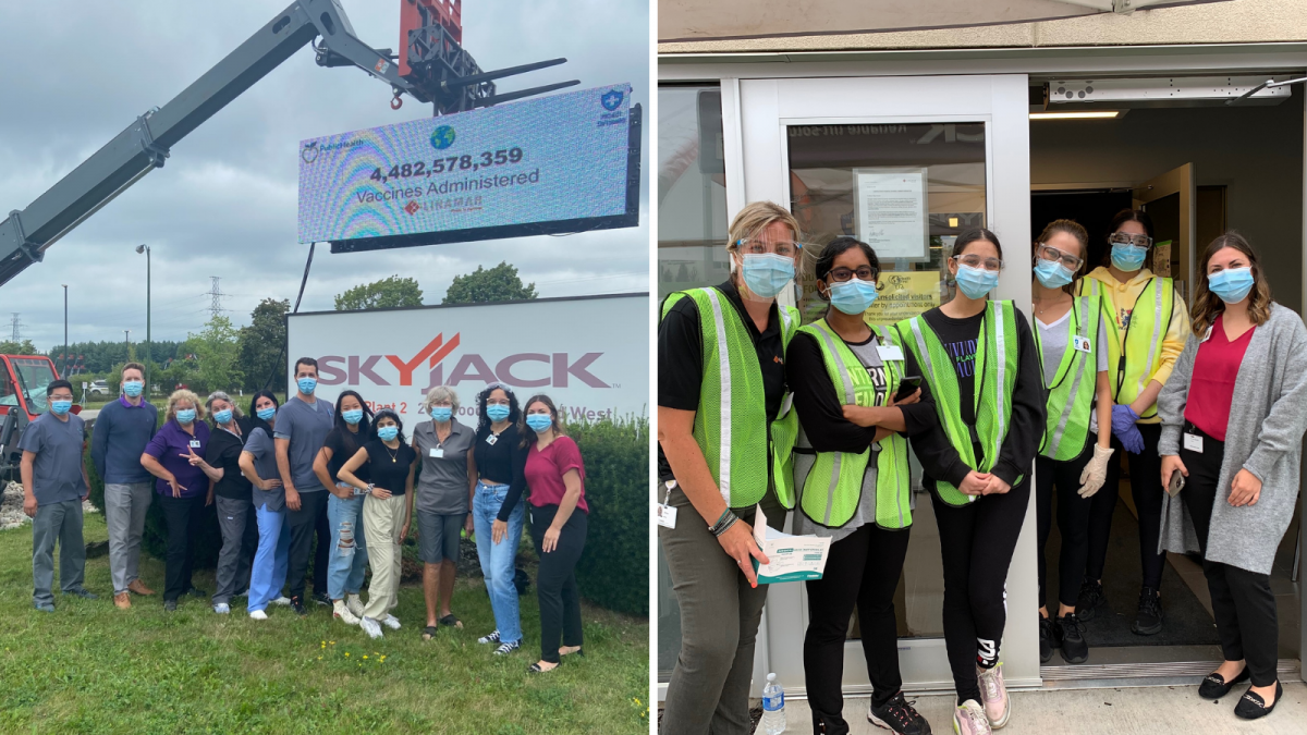 Two photos of groups of staff at the Linamar Skyjack vaccination clinic.