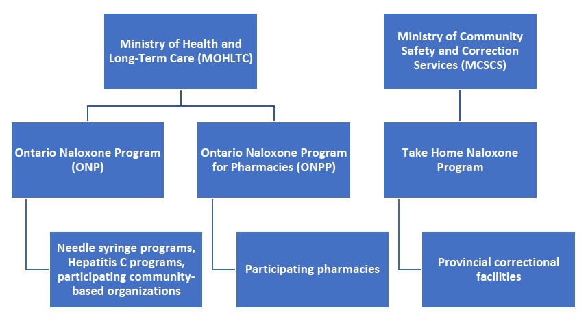 Flowchart that the programs that provide publicly-funded naloxone kits in Ontario. The Ministry of Health and Long-Term Care (MOHLTC) provide kits to Ontario Naloxone Program, which helps other programs. MOHLTC also funds the Ontario Naloxone Program for Pharmacies, which helps participating pharmacies. The Ministry of Community Safety and Correction Services helps the Take Home Naloxone Program, which helps provincial correctional facilities.