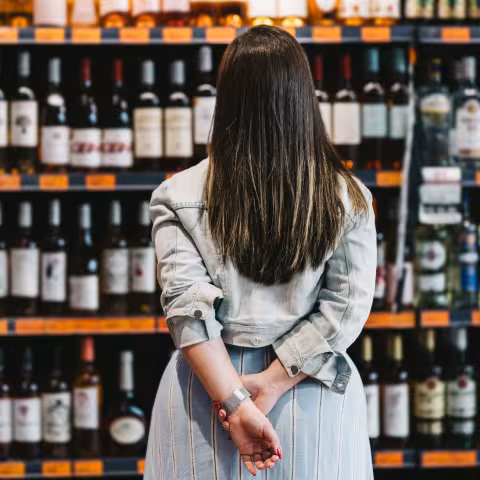 Woman customer looking at a rack of wine in supermarket
