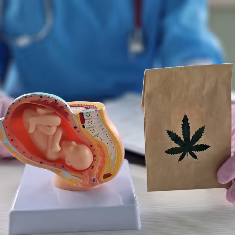 Artificial model of human fetus with hemp marijuana.