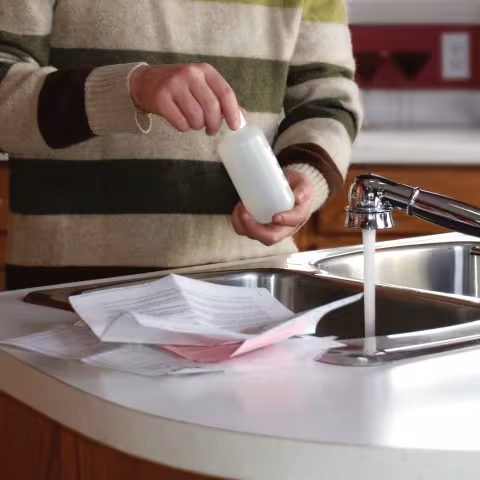 Guy holding a water testing bottle near the sink