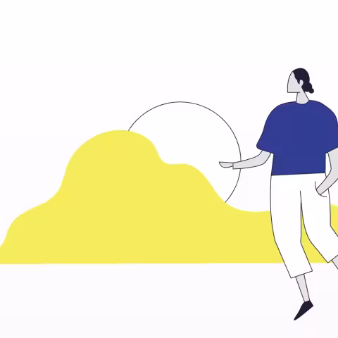 GetaKit imagery, illustration of a person floating in front of a yellow cloud and white sun or moon