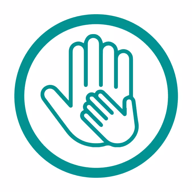 Icon depicting a small hand overlapping a larger hand inside of a circle.