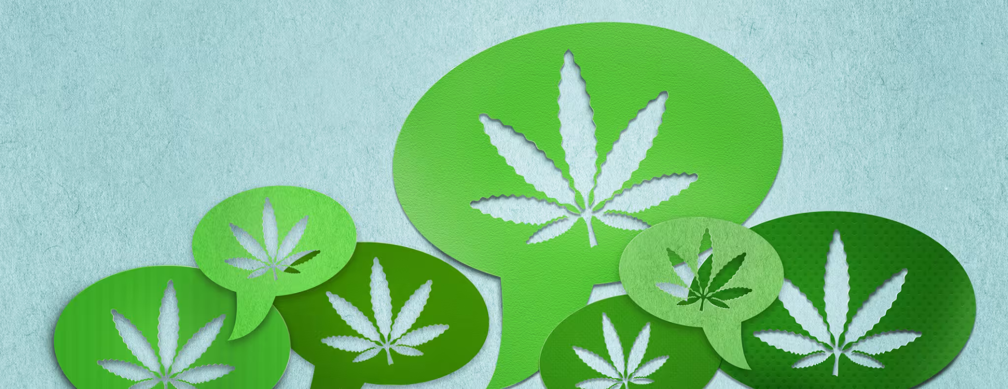 Graphic of multiple green speech bubbles with a cannabis leaf in each of them