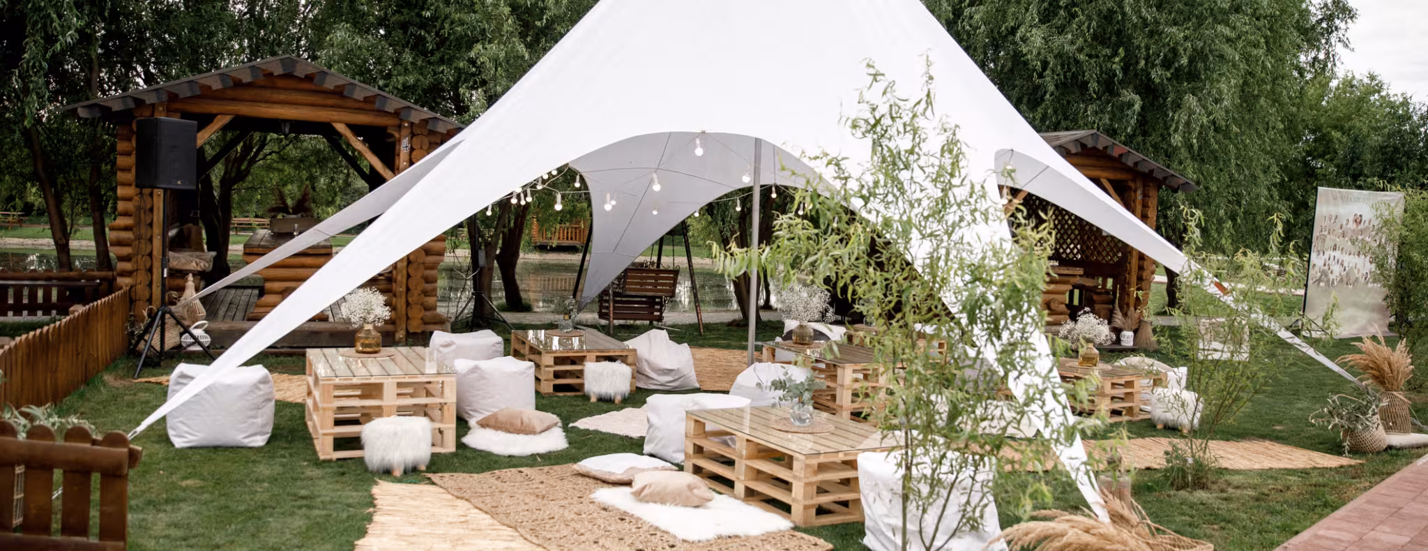 Spacious tent in the garden for a spa event