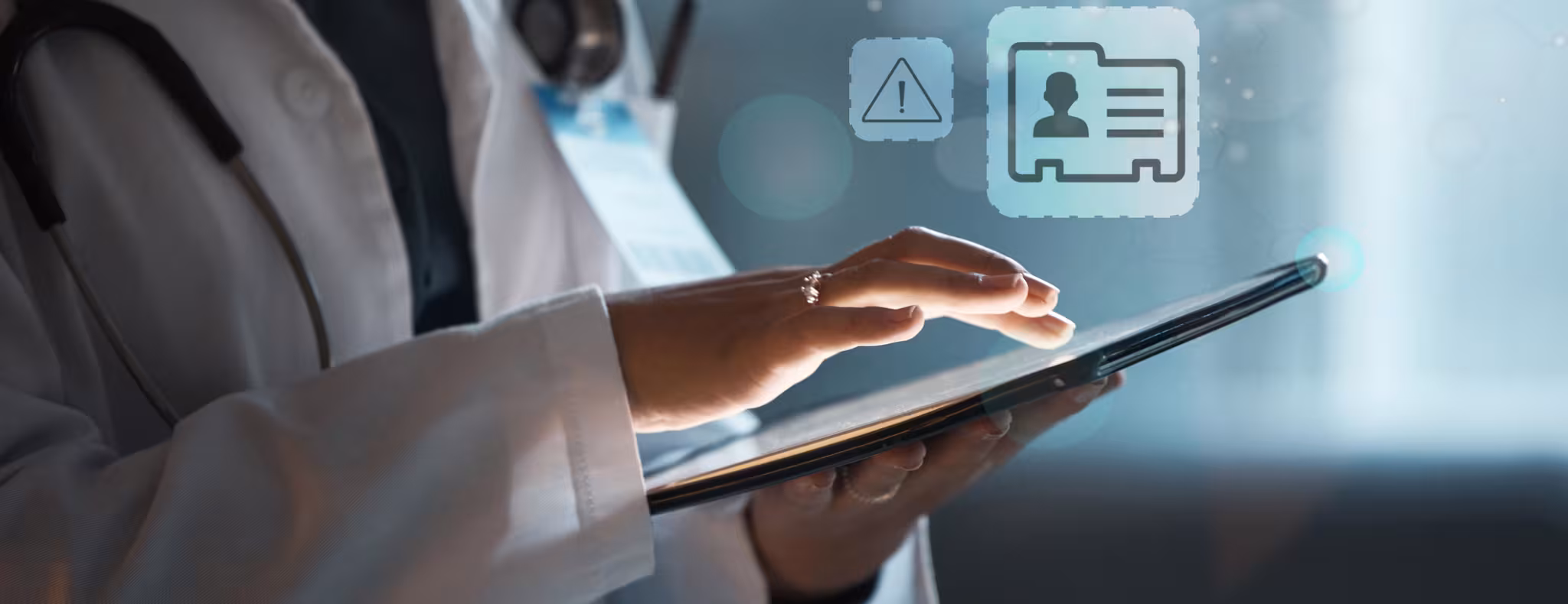 Tablet, overlay and hands of doctor with safety icon, privacy and cybersecurity in healthcare network.