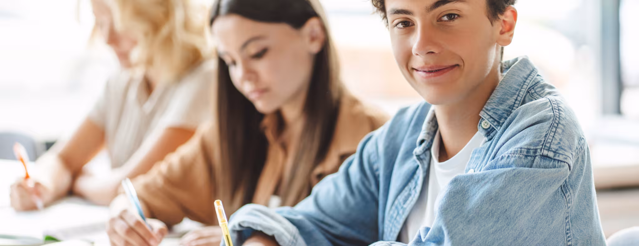Portrait of smart schoolmates studying together, 