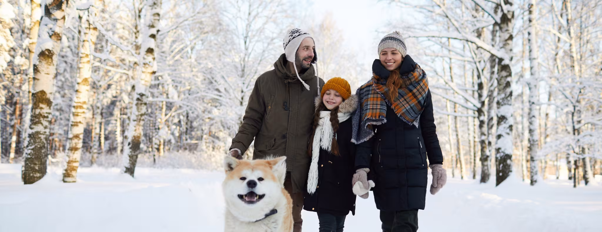 family walking in the woods with their dog in winter